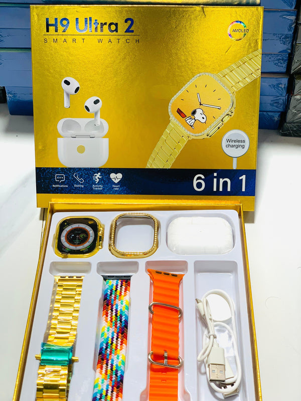 H9 Ultra 2 Smart Watch – Original Full Display with AirPods 3, Watch Cover & Straps (6-in-1 Set)