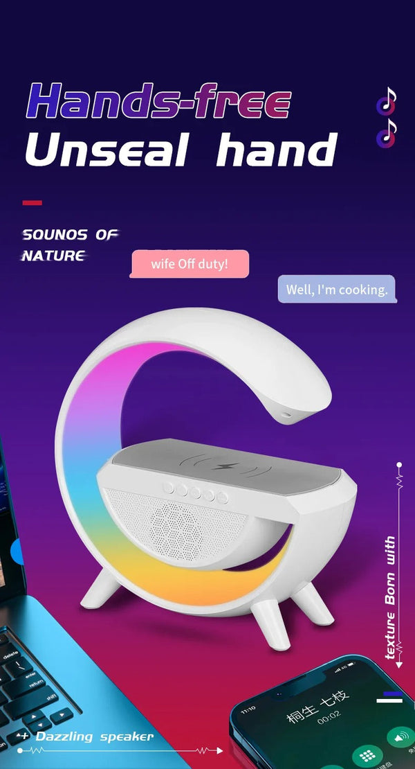 G Lamp Smart Bluetooth Speaker – Wireless Fast Charger Station with LED RGB Desk Light, TF Card & AUX Support, Powerbank Compatible with iPhone 14/13 & Samsung