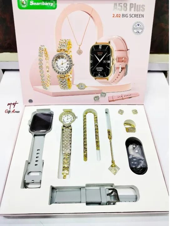 A58 Plus Smart Watch & Jewelry Gift Combo | Stylish Fitness Smartwatch with Elegant Jewelry Set