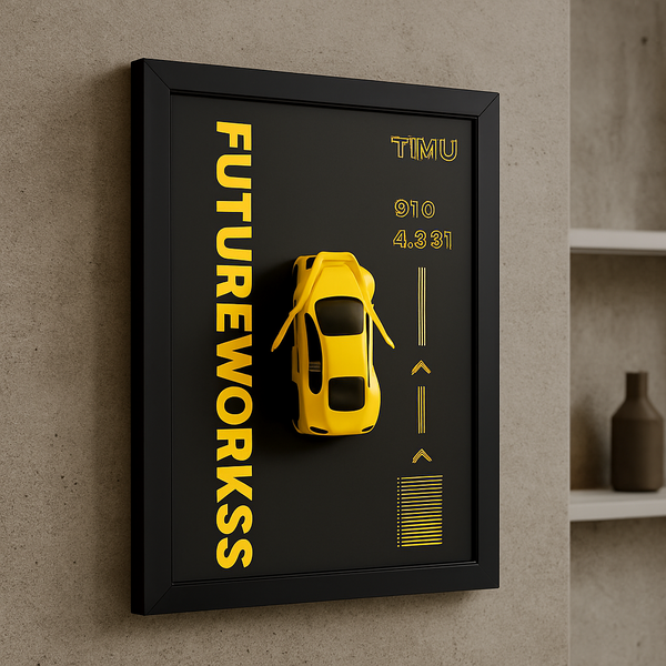 Metal Car Wall Frame – 3D Yellow Sports Car Wall Art in Modern Black Frame, Stylish Home & Office Decor (8 x 12 Inches)
