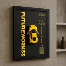 Metal Car Wall Frame – 3D Yellow Sports Car Wall Art in Modern Black Frame, Stylish Home & Office Decor (8 x 12 Inches)