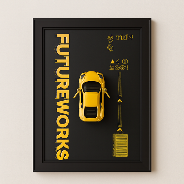 Metal Car Wall Frame – 3D Yellow Sports Car Wall Art in Modern Black Frame, Stylish Home & Office Decor (8 x 12 Inches)