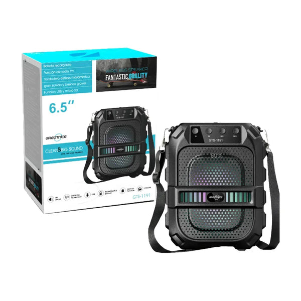 GTS-1191 Wireless Portable Bluetooth Speaker 10W with 6.5" Subwoofer, FM Radio, 1200mAh Battery, USB/AUX/TF Support & Belt Strap – Loud Outdoor Speaker for Travel, Party & Camping